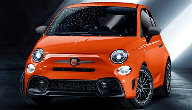 ABARTH 595 IN ORANGE FROM THE FRONT