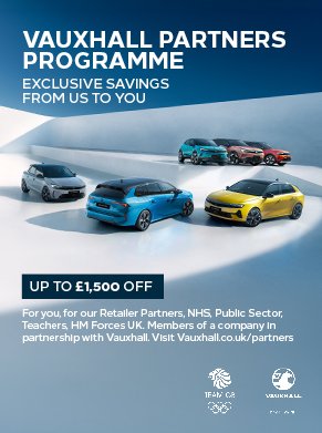 Five Vauxhall cars displayed with promotional text about a partners programme and up to £1,500 off.