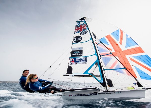 Two sailors on a British sailing boat with a Union Jack sail on the water.