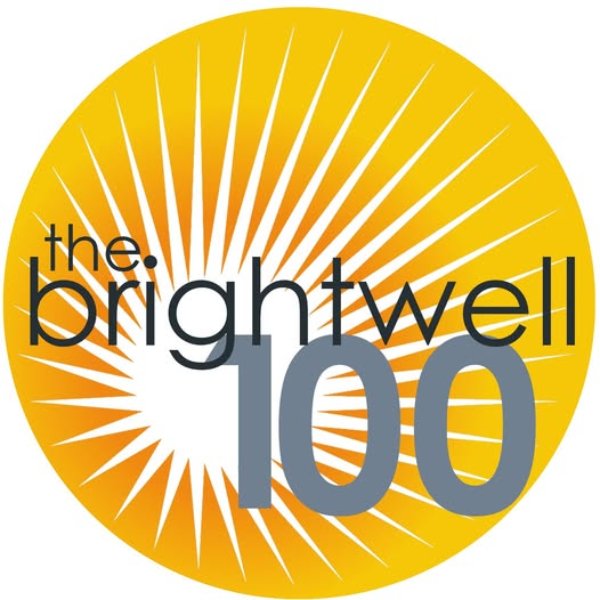 Yellow circle with the brightwell 100 text and radiating white stripes.
