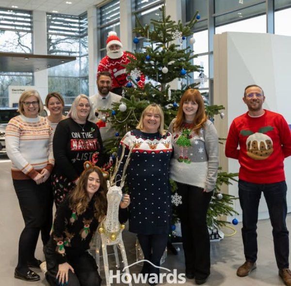 Group of people in Christmas jumpers by a decorated tree with a Santa figure on top.