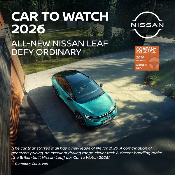 A turquoise Nissan Leaf parked on a paved surface with text overlay promoting it as a car to watch.
