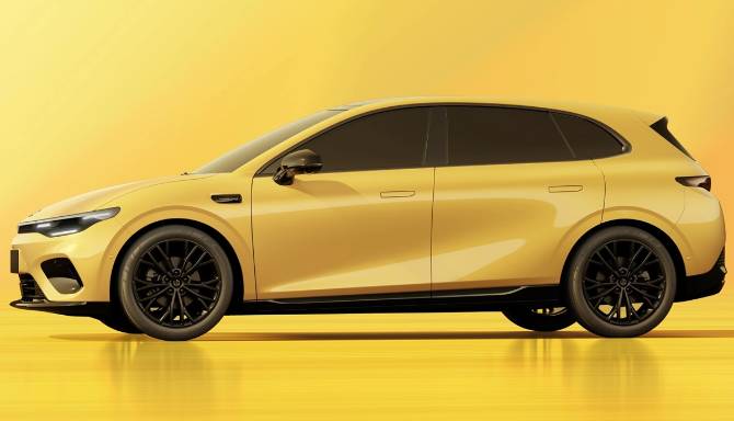Yellow hatchback car, side view, with black wheels and tinted windows.