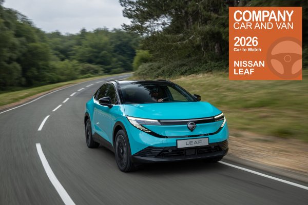 Blue Nissan Leaf driving on a road, awarded Car to Watch 2026 by Company Car and Van.