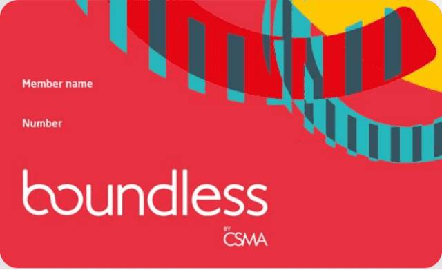 Red card with boundless and by CSMA text, with fields for member name and number.