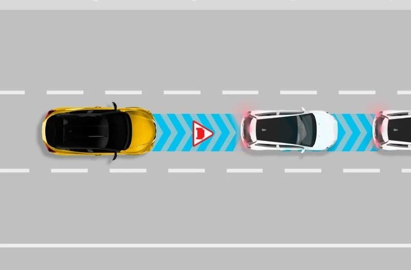 Cars on a road with arrows indicating distance for adaptive cruise control.
