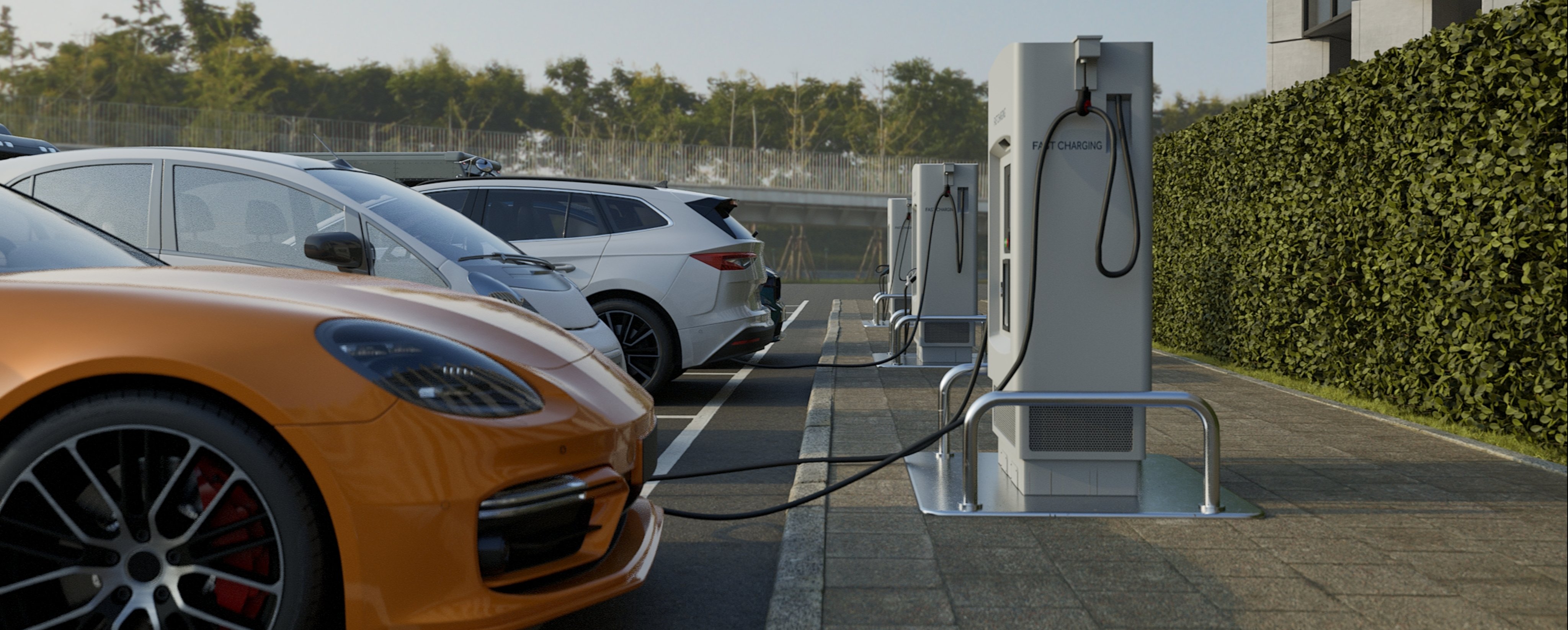 Electric cars charging at a fast charging station.