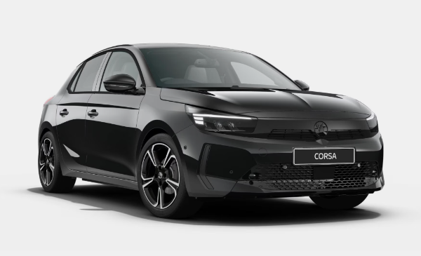 Black five-door hatchback car, front and side view.