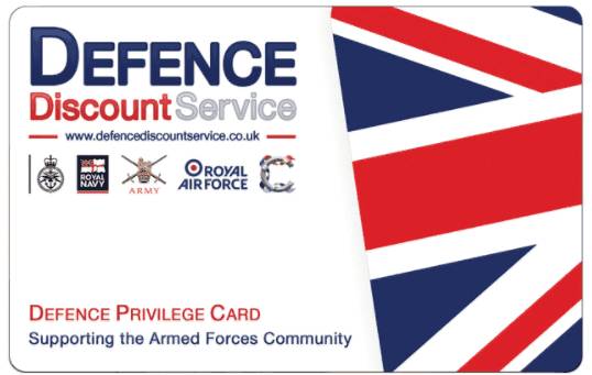Defence Discount Service card with Union Jack design and armed forces logos.