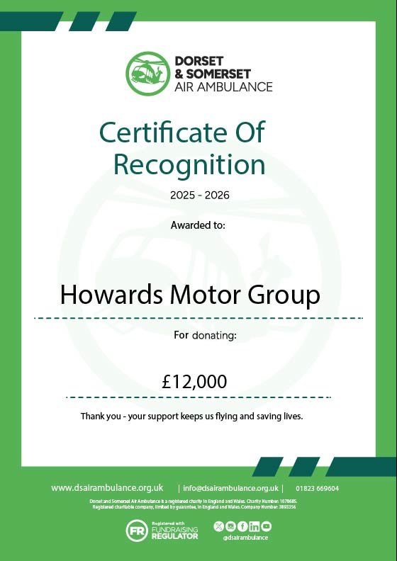 Certificate of recognition from Dorset & Somerset Air Ambulance to Howards Motor Group.