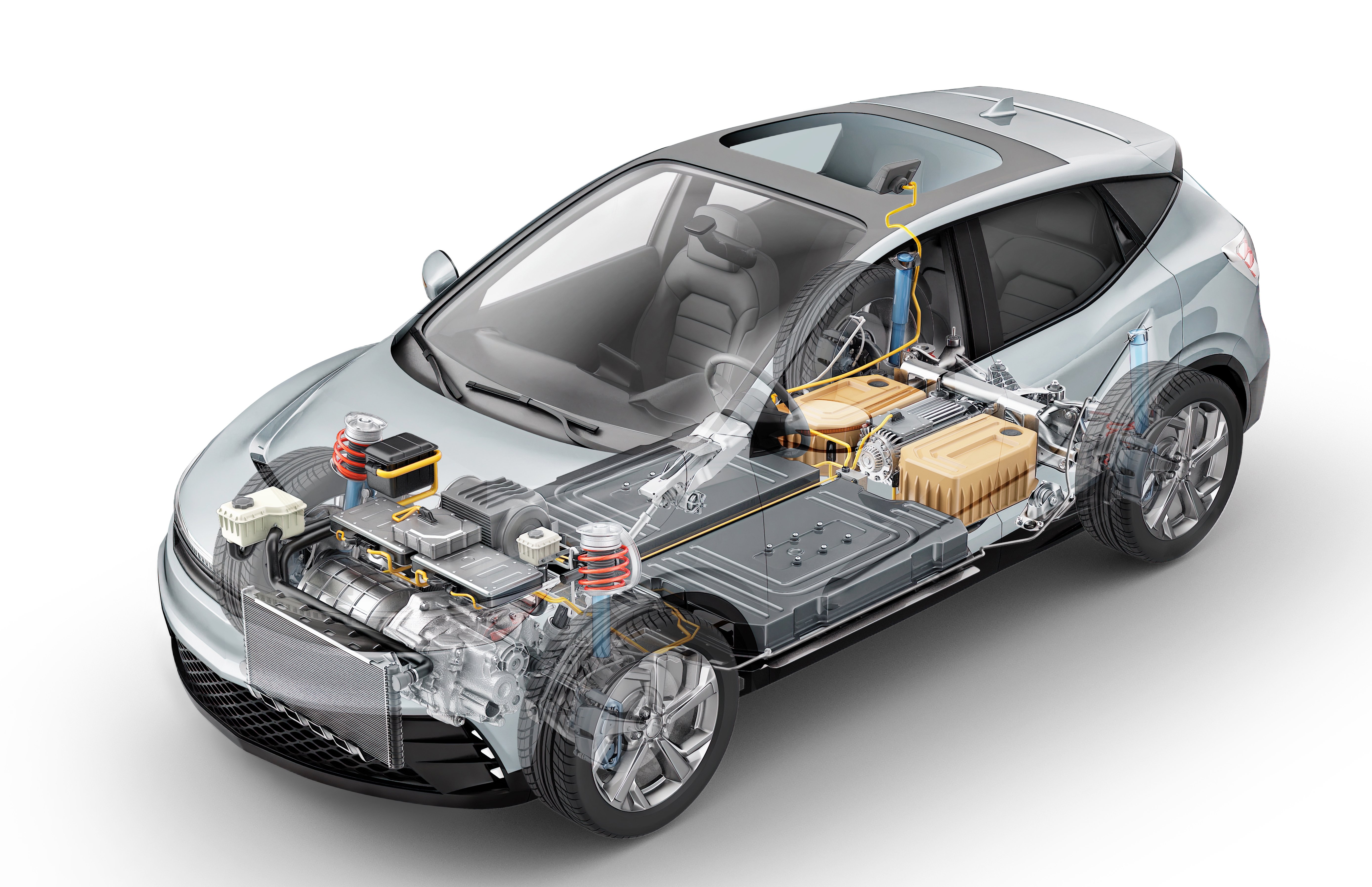 Cutaway view of a hybrid car showing engine, battery, and internal components.