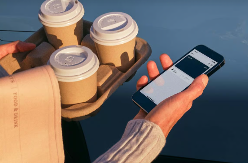 Person holding coffee cups in a tray and a smartphone.