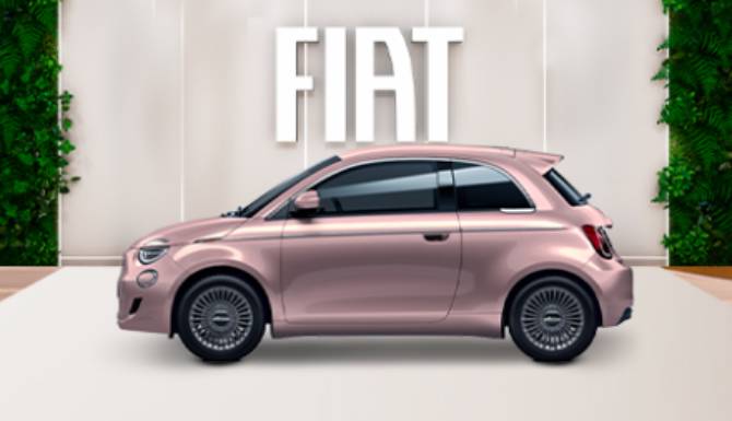 fiat 500e in pink from the side