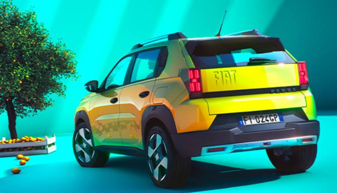 fiat grande panda in yellow form the back