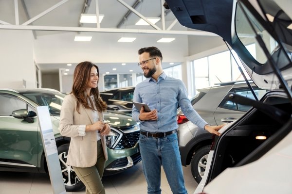 A man and woman talking near an open car boot in a showroom.