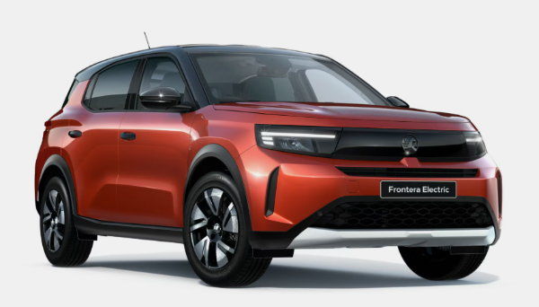 Red Frontera Electric car, front and side view.