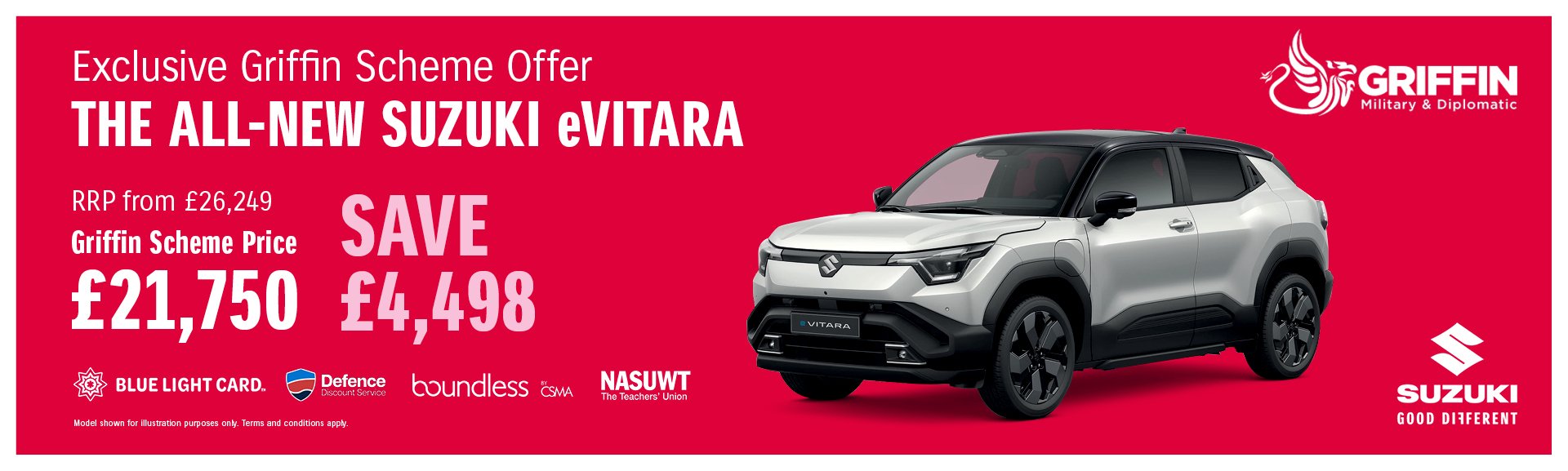 Griffin scheme offer for Suzuki eVitara with pricing details, featuring a white SUV.