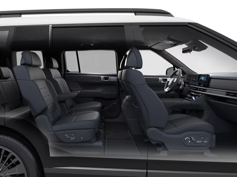 Transparent view of a car interior showing seating and dashboard layout.