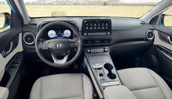 The front interior of the Hyundai KONA electric