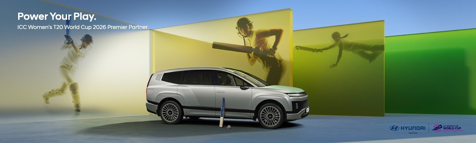 Silver SUV with cricket bat and ball, promoting ICC Women's T20 World Cup 2026 partnership.