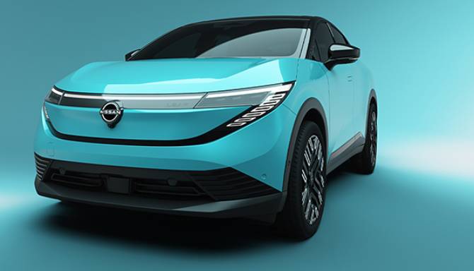 nissan leaf in bright blue from the front