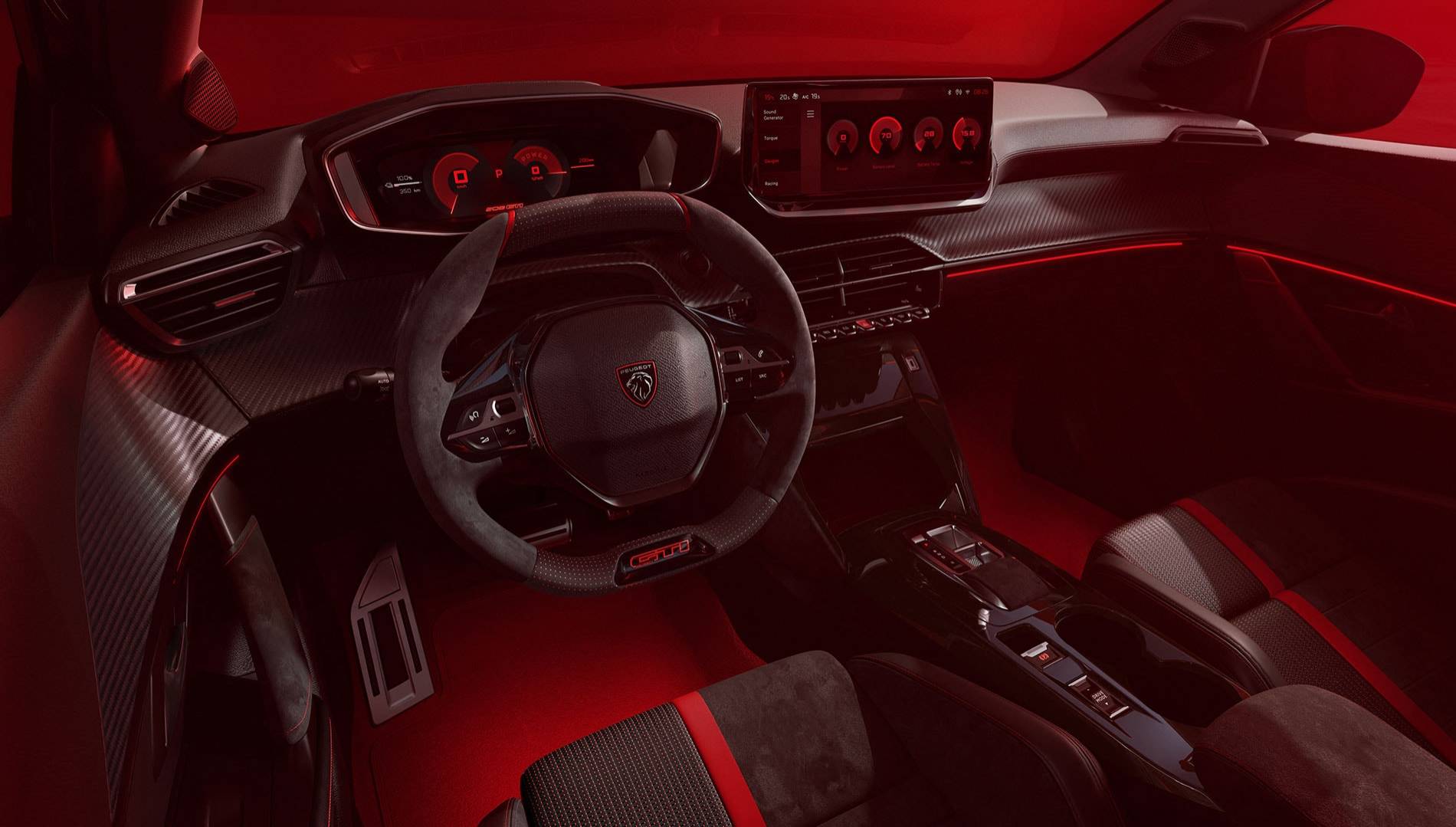inside image of car with red and black detailing on steering wheel