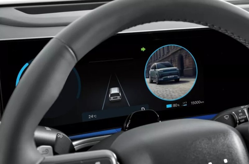 Close-up of a car's digital dashboard showing a vehicle navigation display.