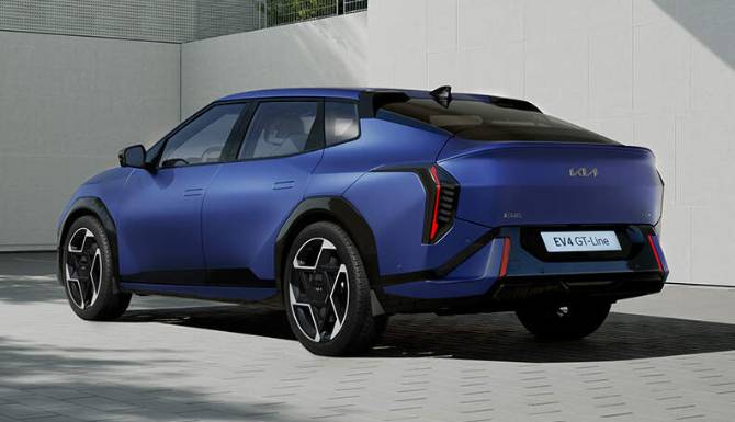 Kia EV4 GT line from the rear in blue