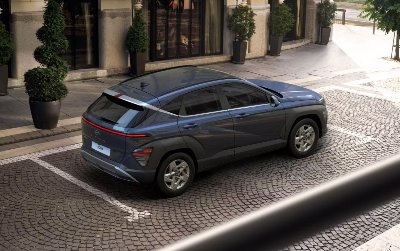 Blue SUV parked on cobblestone street in front of a building with potted plants.