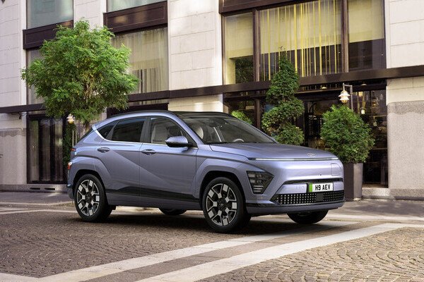 A blue SUV parked on a cobblestone street near a building with plants.