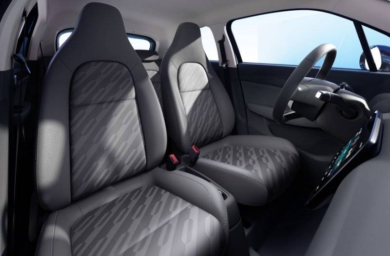 Interior view of a car showing front seats and steering wheel.
