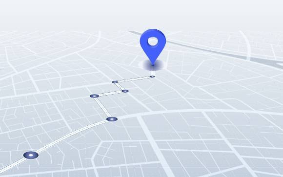 Map with a blue location pin and a marked route.