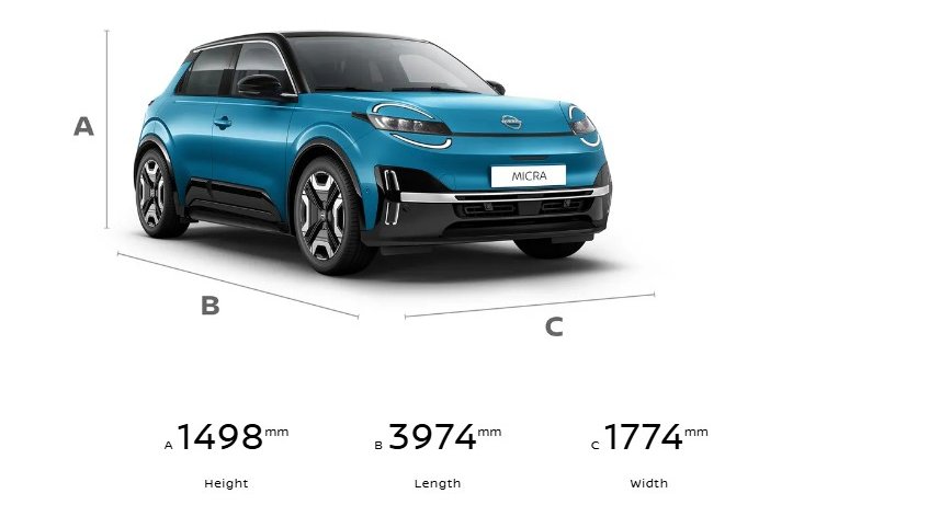 Blue car with dimensions: Height 1498mm, Length 3974mm, Width 1774mm.