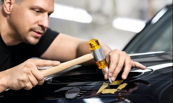 Person repairs a car dent using a small hammer on a Mini vehicle's bonnet.