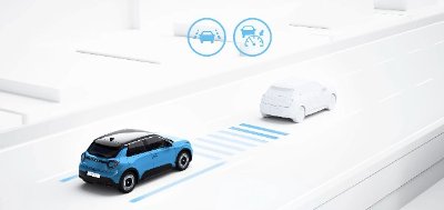Blue car with adaptive cruise control driving behind a white car, icons overhead.