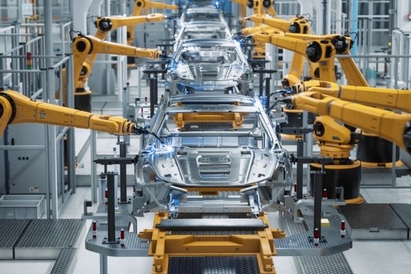 Robotic arms assembling car bodies on an automated production line.