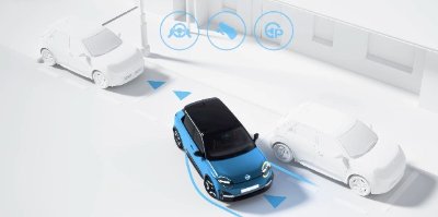 Blue car parking between two white cars with digital interface graphics above.