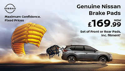 Nissan car pulling a parachute, promoting brake pads for £169.99 including fitment.