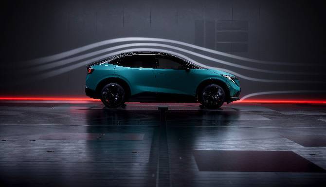 Side view of a turquoise car in a wind tunnel, with aerodynamic lines shown.