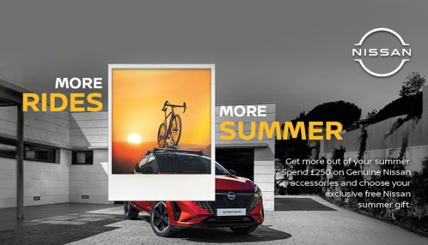 Nissan car with a bike on the roof, promotional text for summer offers.