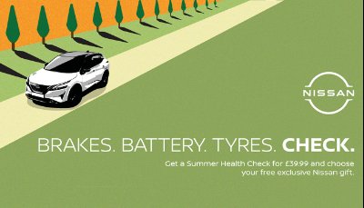 Nissan car on a road with text about a £39.99 summer health check.