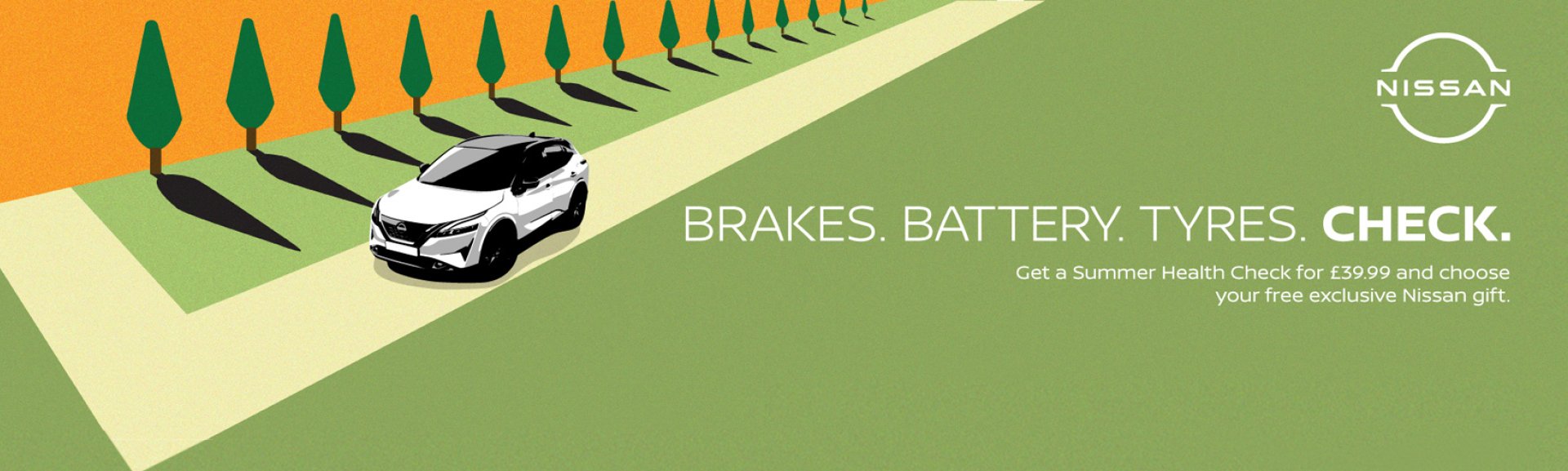 Illustration of a white Nissan car with health check text and price details.