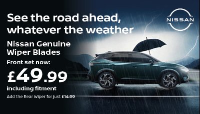 Nissan car in rain with umbrella, promoting genuine wiper blades priced at £49.99 including fitment.