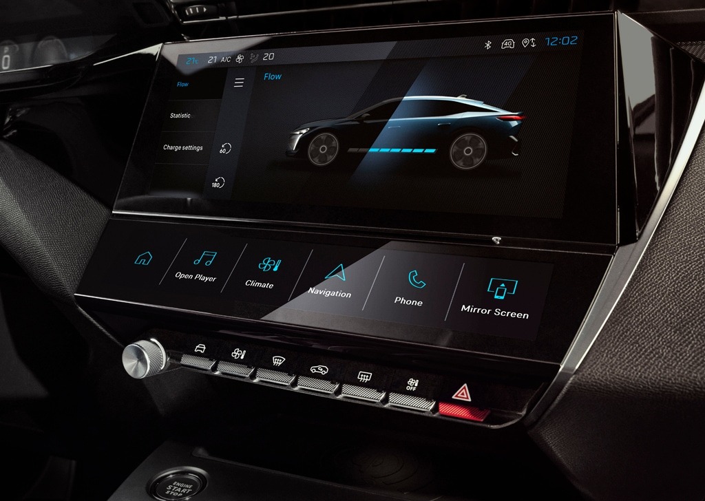 Car dashboard touchscreen showing electronic controls and vehicle settings.