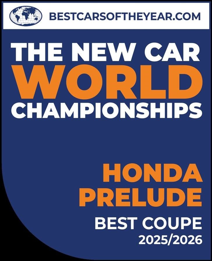 Award badge: Honda Prelude, Best Coupe 2025/2026 in New Car World Championships.
