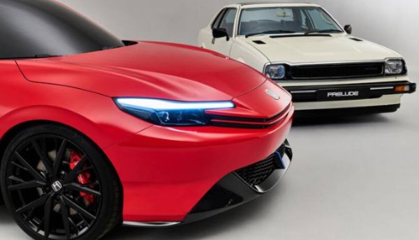 Red modern car and white classic car side by side in a minimalistic setting.