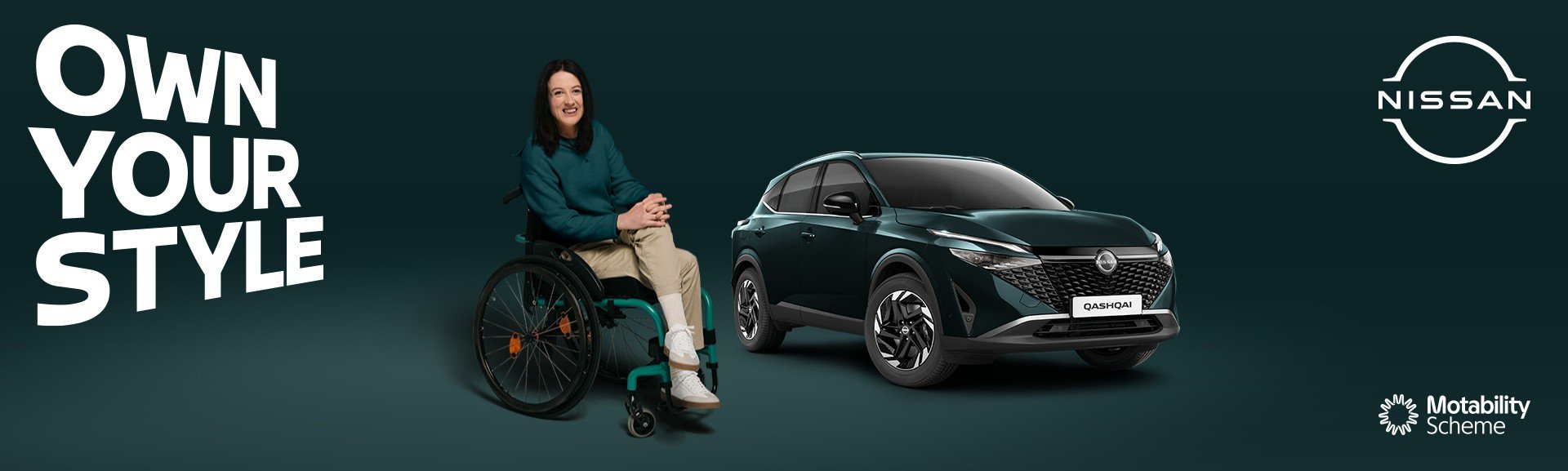 Nissan Qashqai with a smiling woman in a wheelchair, text reads 'Own Your Style'.