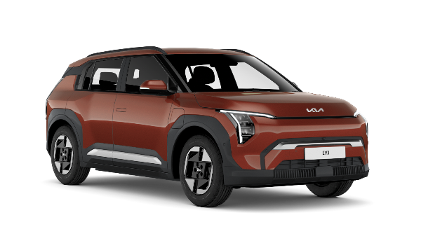 Red Kia EV3 electric SUV, front-side view, with distinctive grille and alloy wheels.
