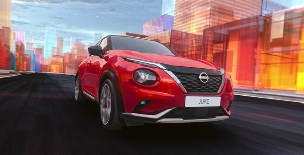 Red Nissan Juke car driving on a road with geometric cityscape.