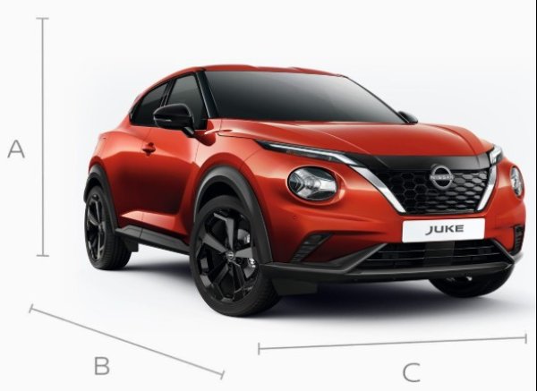 Red Nissan Juke car with black wheels, side and front view with dimensions shown.